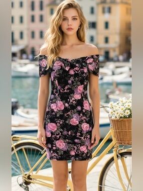 Jessica McClintock Black One-Shoulder Pink Floral Dress